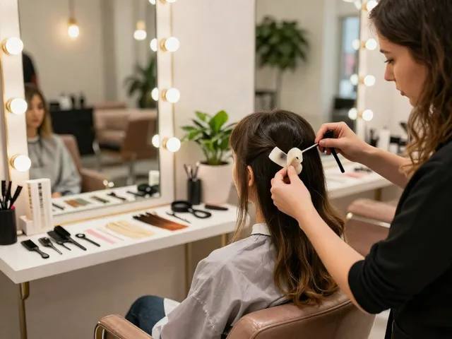 Applying tape extensions for thin hair in a chic salon environment, showcasing professional techniques and vibrant atmosphere.