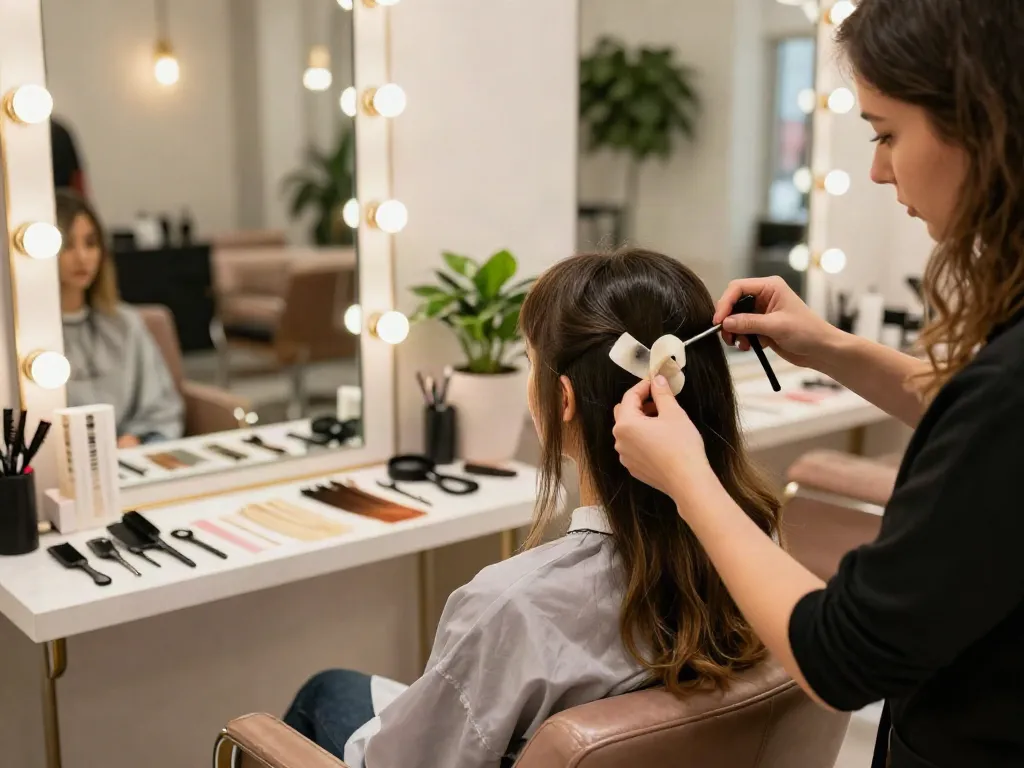 Applying tape extensions for thin hair in a chic salon environment, showcasing professional techniques and vibrant atmosphere.