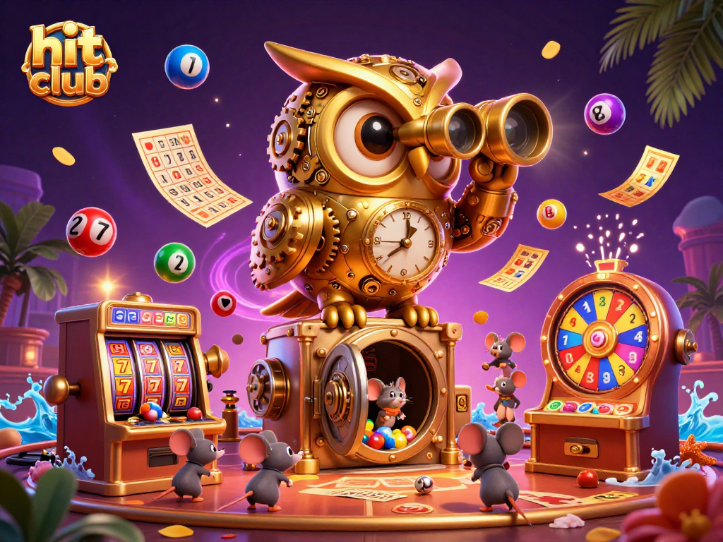 Engage with hit club action featuring a 3D golden owl and lively casino elements in a vibrant scene.