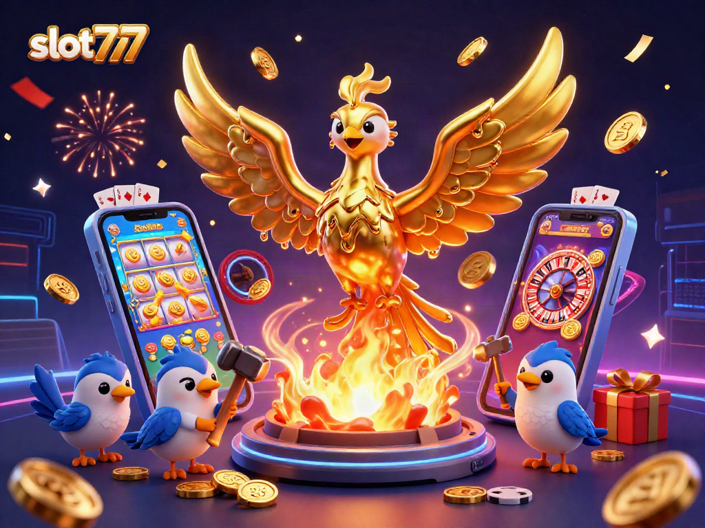 Experience the excitement of slot777 with a golden phoenix and vibrant casino elements.