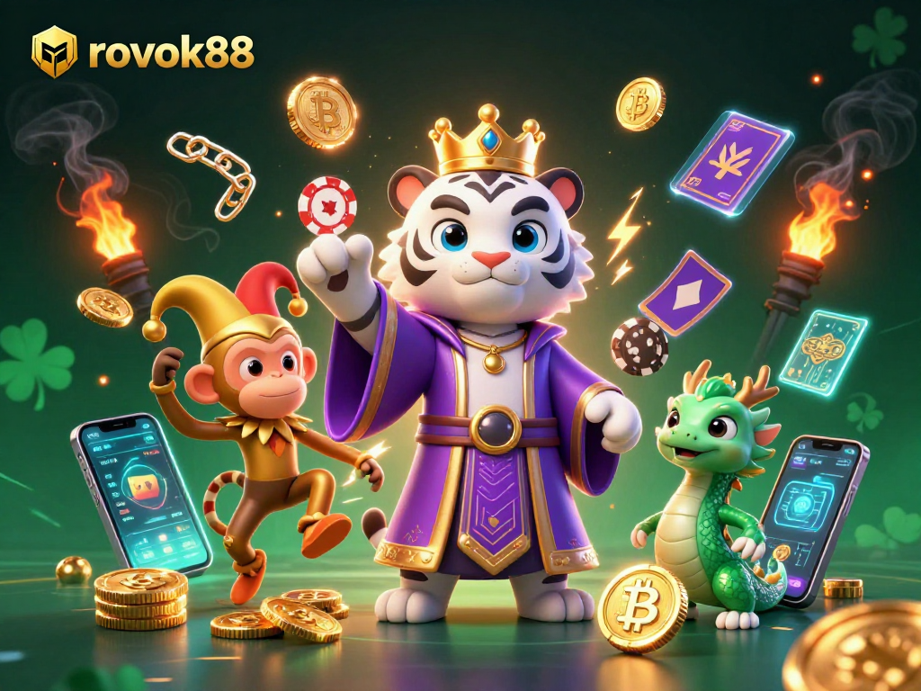 Engage with rokok88 through a dynamic 3D cartoon scene showcasing gambling elements and characters.