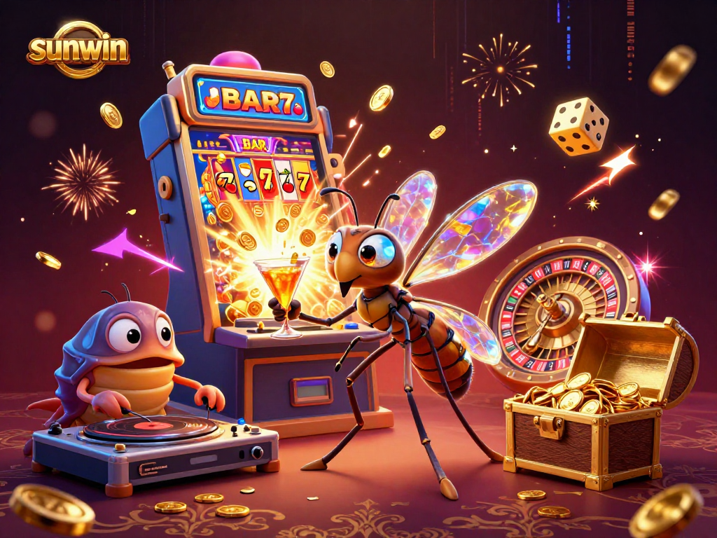 Experience exciting games at sunwin, featuring a vibrant casino scene with cartoon characters and rich gaming elements.