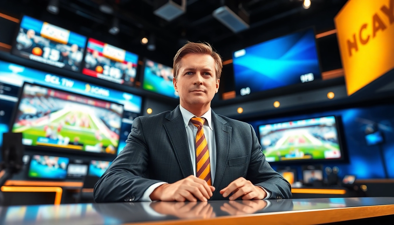 Engaging scene in sports broadcasting studio with anchor presenting live coverage.